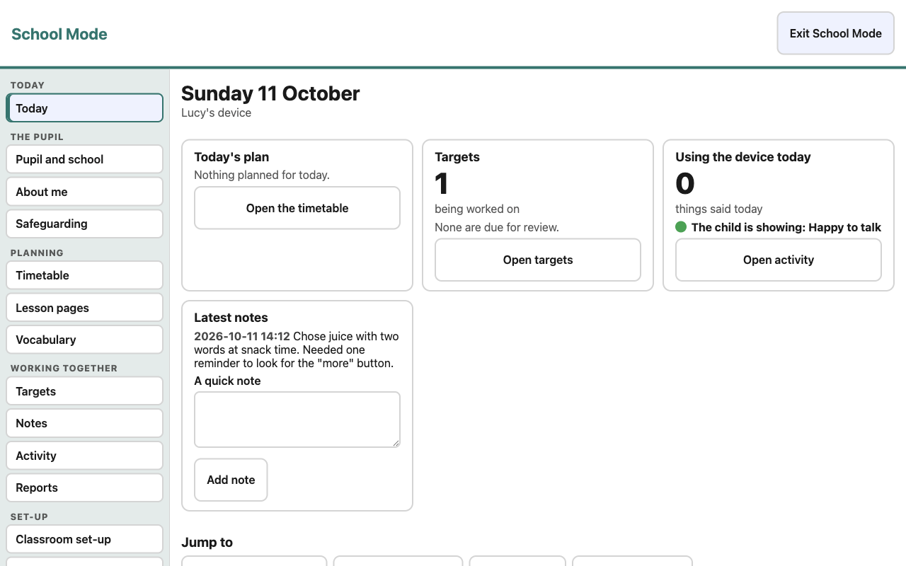 The Today page in School Mode: the timetable, targets due, the traffic light and the latest notes