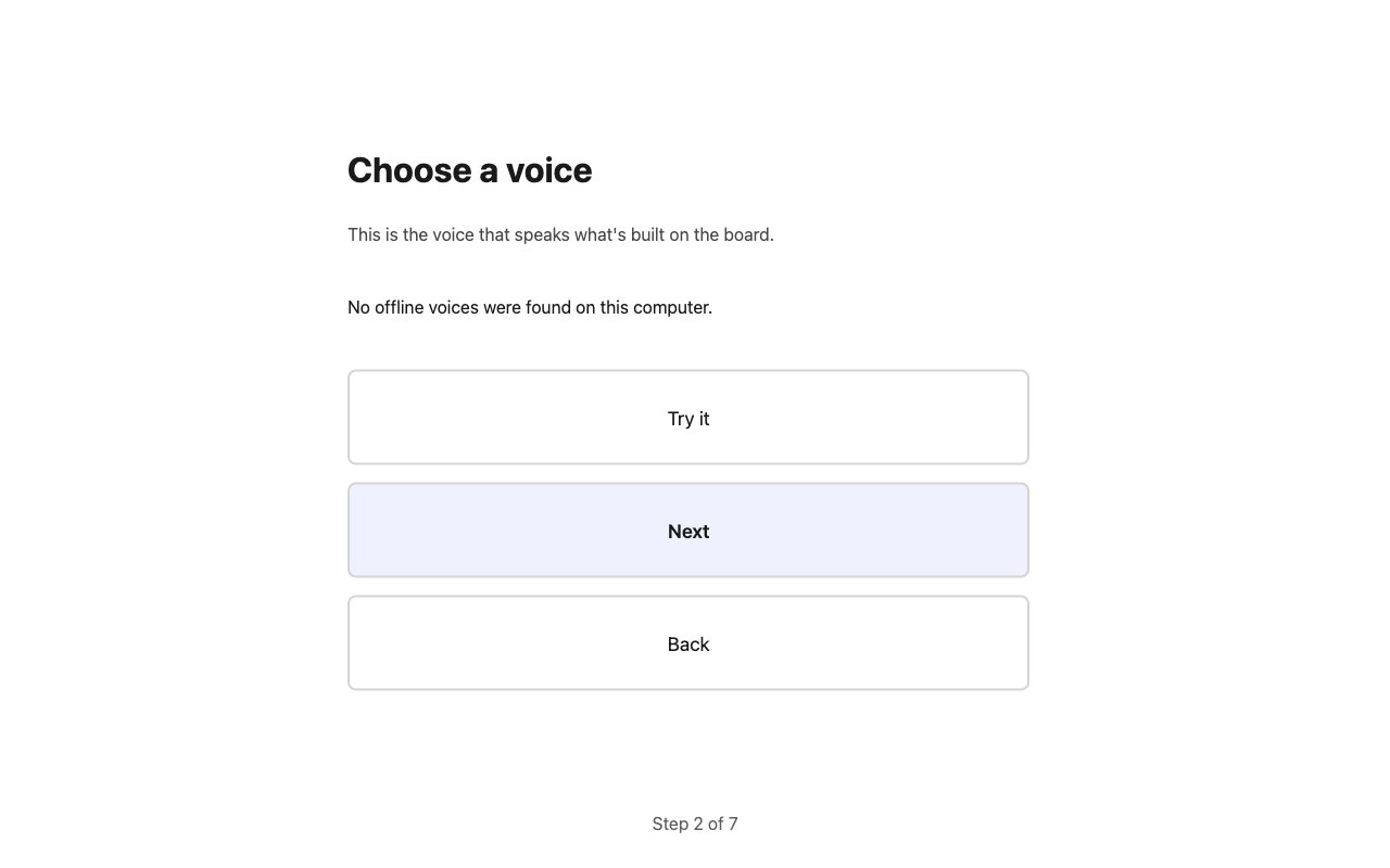 The set-up step for choosing a voice, with a Try it button beside each voice