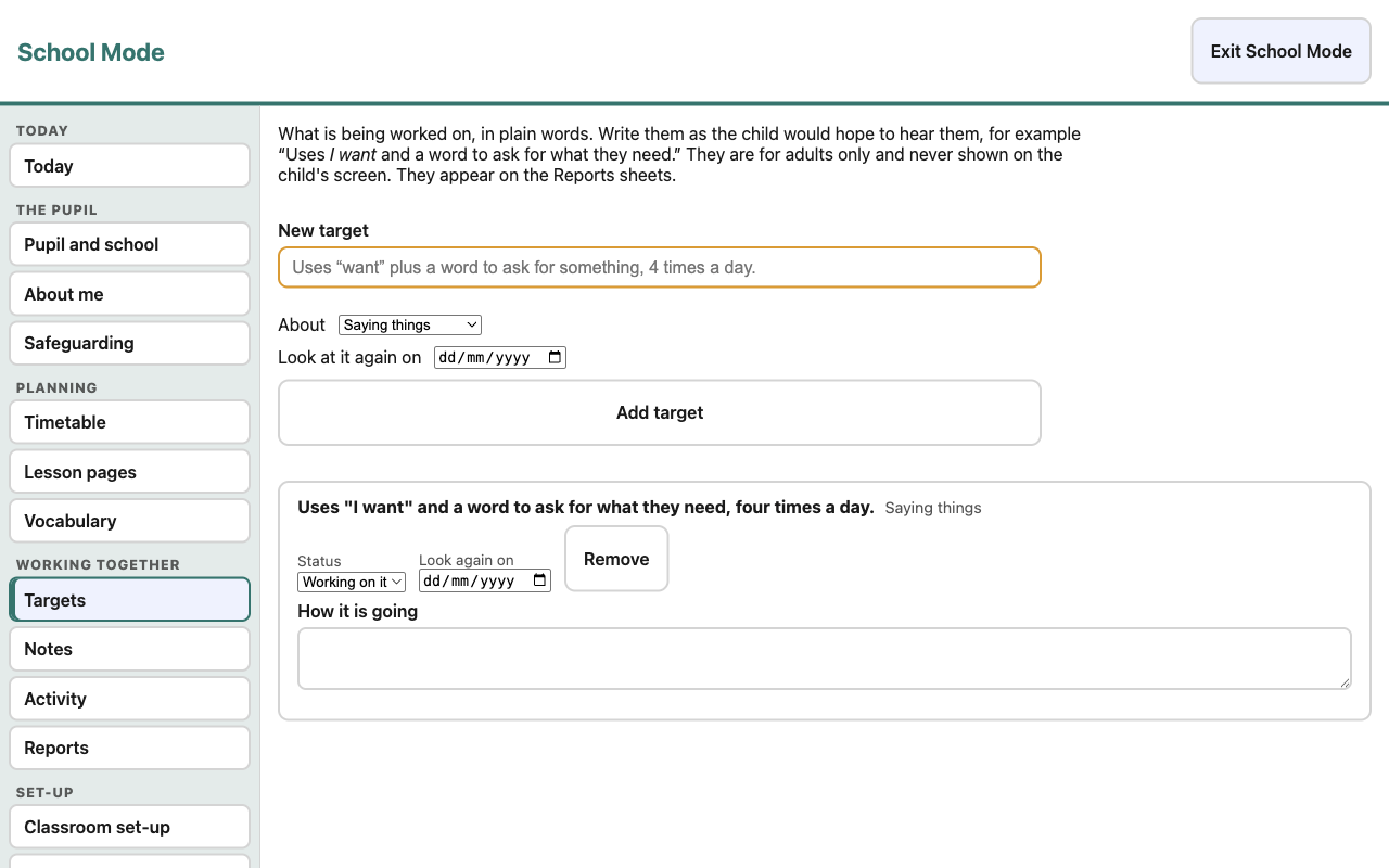 Targets with review dates