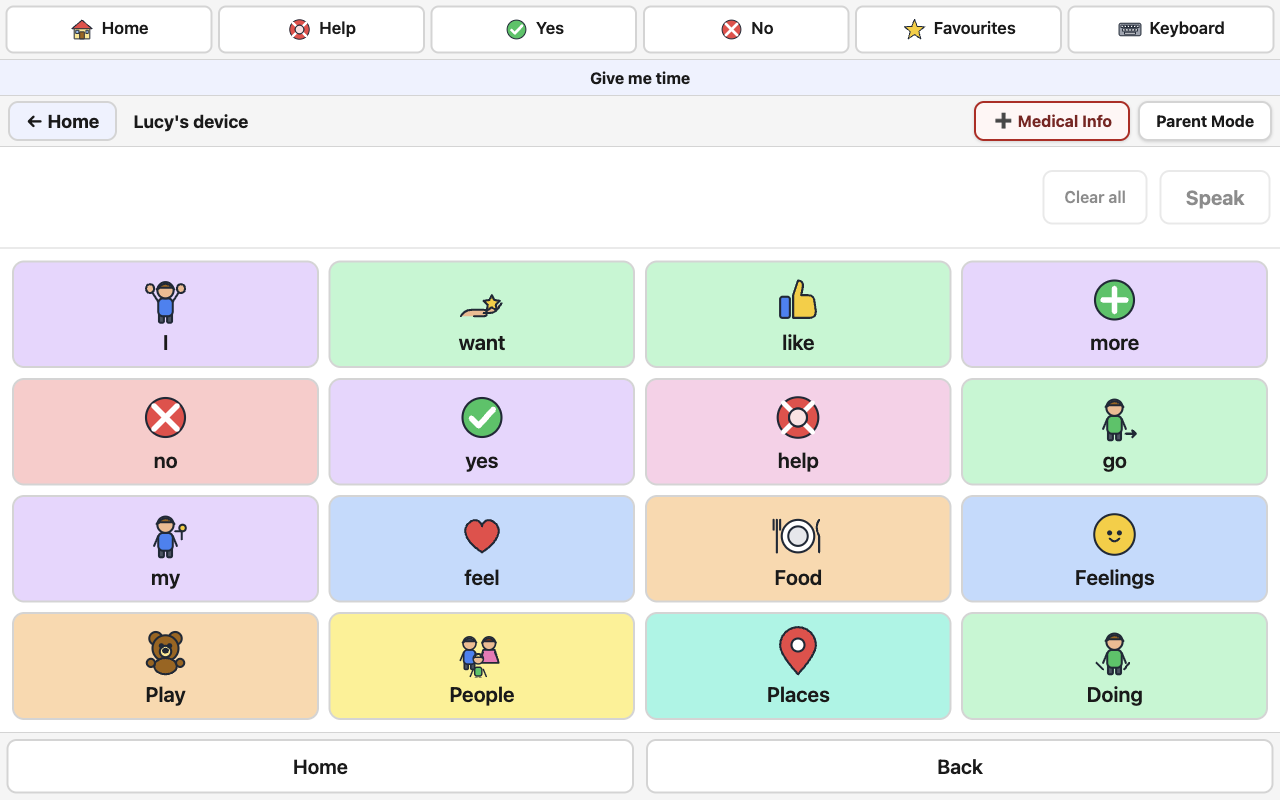 The Talk page with core words and folders